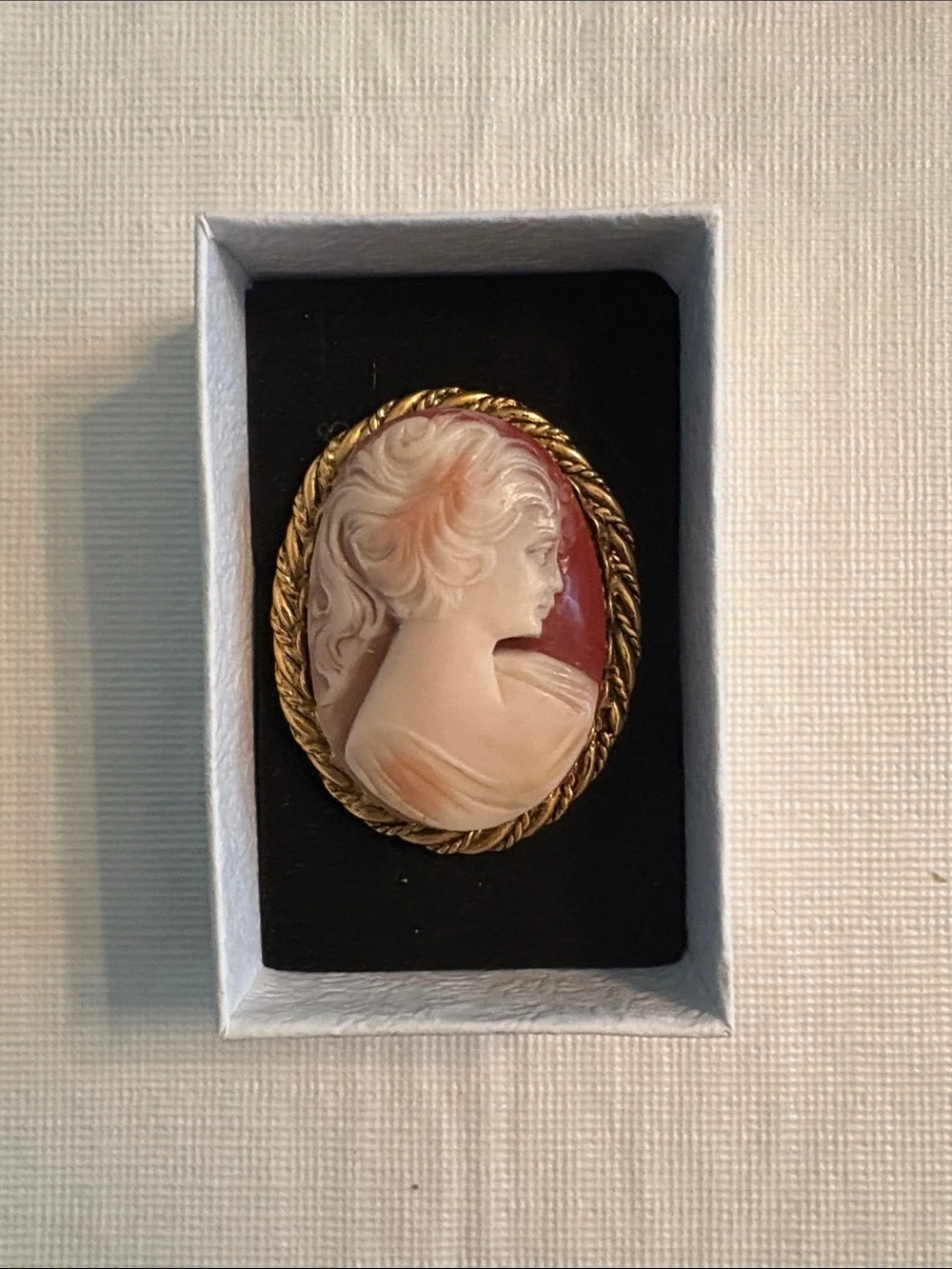 Vintage Cameo Brooch in Cream and Burgundy with Gold Frame